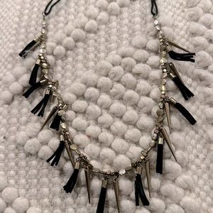 Leather tassel punk spike necklace adjustable length gold black